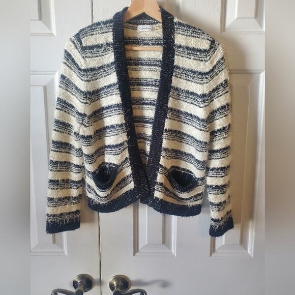 Calvin Klein Women's L Black White Striped Eyelash Open Front Cropped Cardigan - Picture 6 of 7